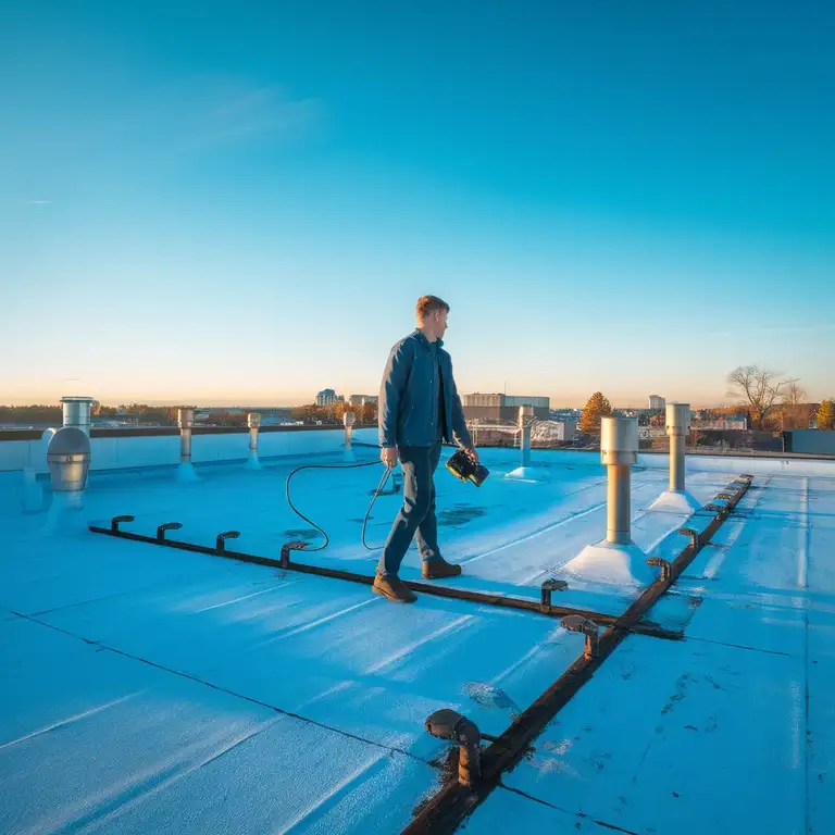 Infrared roof inspection service on a snow-covered commercial flat roof.